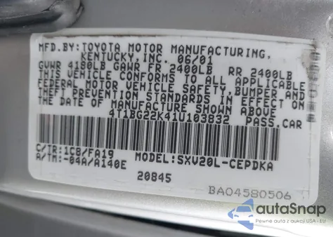2001 Toyota Camry Ce from USA, damaged, VIN 4T1BG22K41U103832